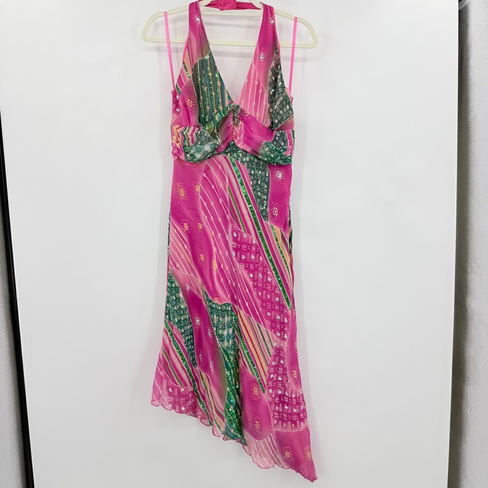 Michelle Antonelli Vintage 100% Silk Halter Dress Pink Green Y2K Asymmetrical 10